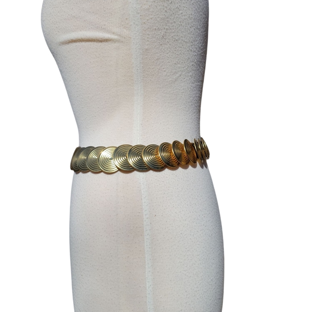 Vintage Gold Tone Disc Stretch Belt | Mod Disco Glam Statement Waist Belt - Picture 10 of 12